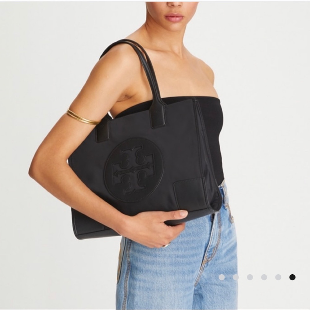 Tory Burch Ella Tote. Black Nylon with Tonal Patent Leather Trim
